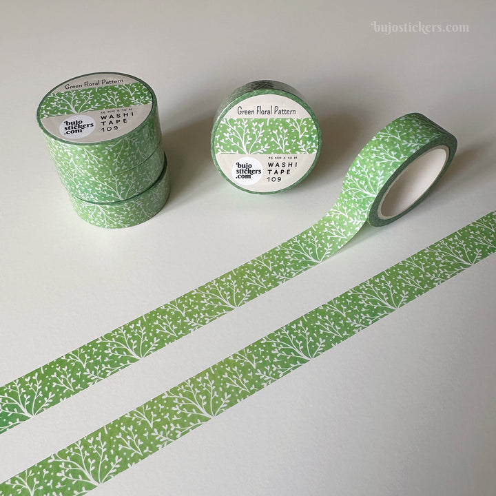 Washi tape 109  • Floral pattern on green watercolour background • 15 mm x 10 m