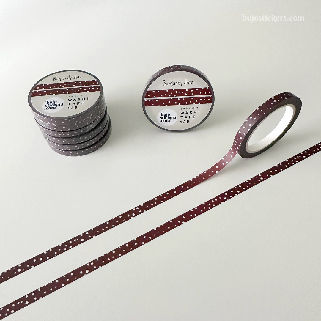 Washi tape 125 • Thin burgundy border washi tape with white dots • 5 mm x 10 m