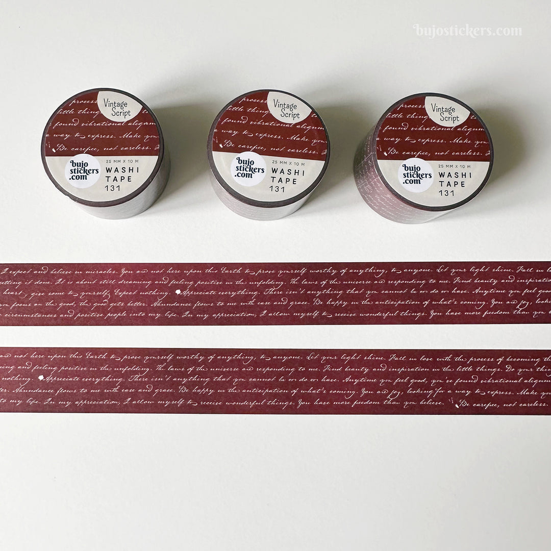 Washi tape 131 • Vintage script tape • Burgundy/dark brown • 25 mm x 10 m
