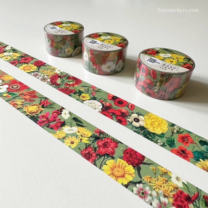 Washi tape 132 • Red and yellow flowers on green background • 25 mm x 10 m