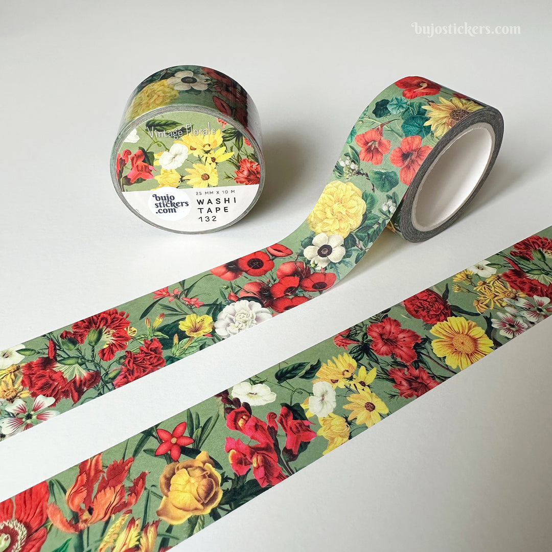 Washi tape 132 • Red and yellow flowers on green background • 25 mm x 10 m