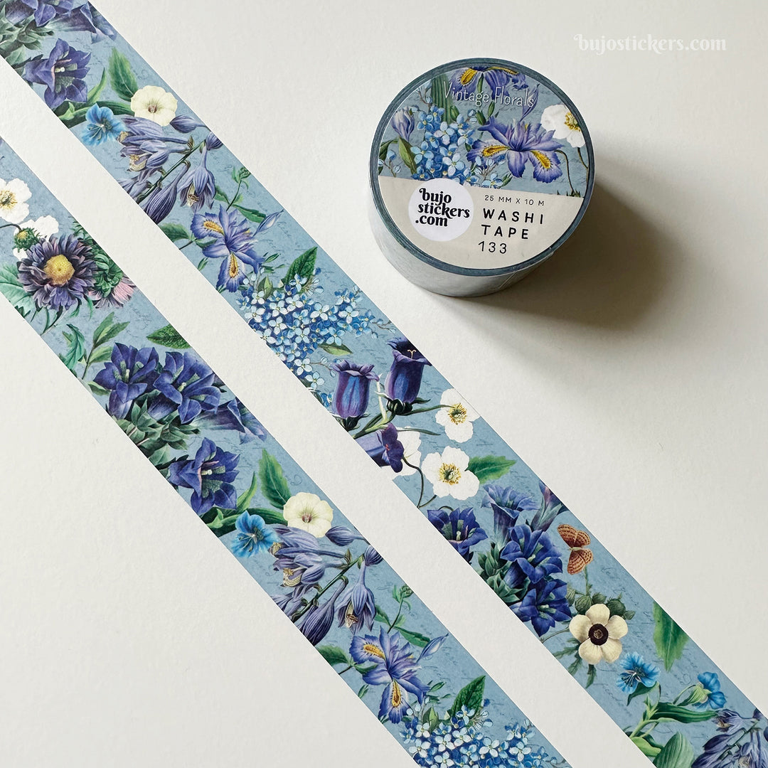 Washi tape 133 • Blue and white flowers • 25 mm x 10 m