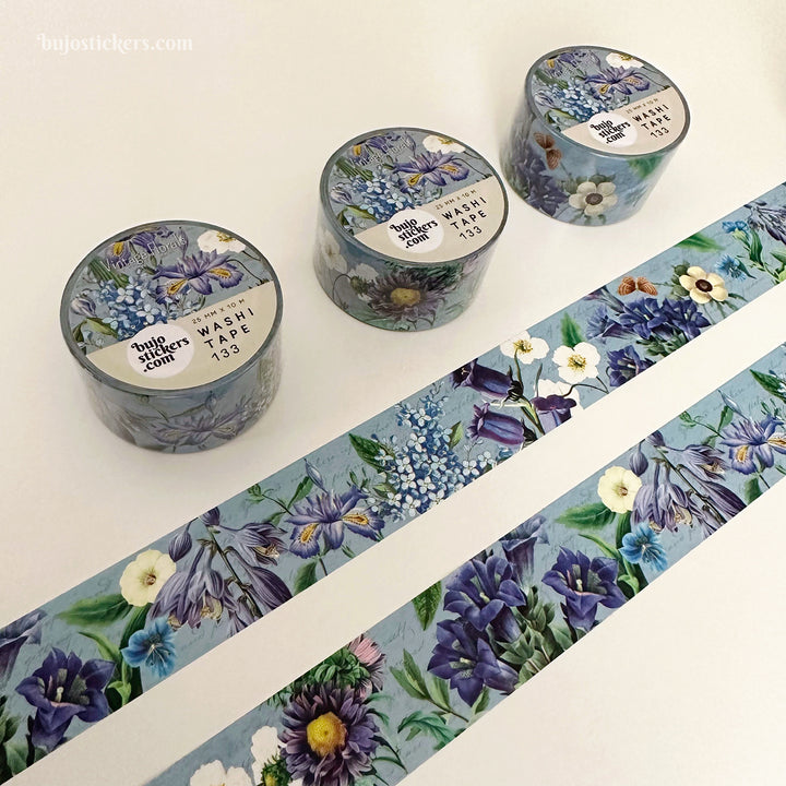 Washi tape 133 • Blue and white flowers • 25 mm x 10 m