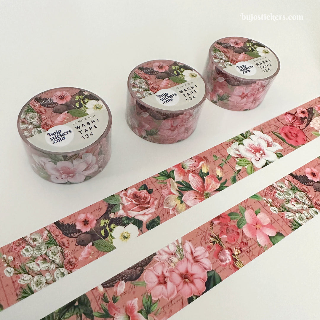 Washi tape 134 • Pink and white vintage flowers • 25 mm x 10 m
