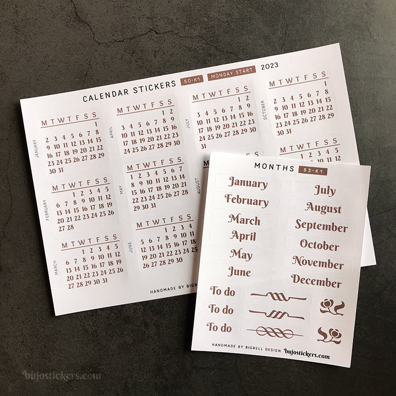Calendar & Month SET • Sunday start • 29 colour options • 50+53