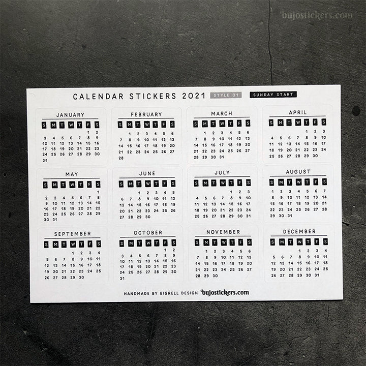Calendar stickers STYLE 01 - Sunday start - Select year