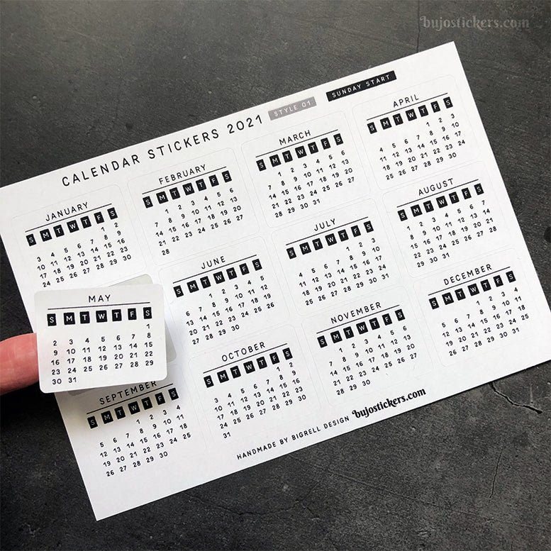 Calendar stickers STYLE 01 - Sunday start - Select year – bujostickers