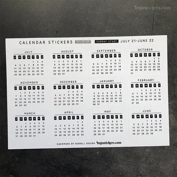 Calendar stickers STYLE 01 - Sunday start - Select year