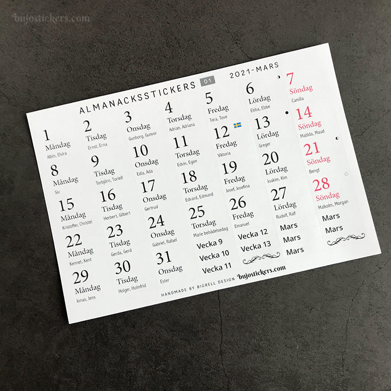 Almanacksstickers 01 och helgdagar • Swedish calendar stickers