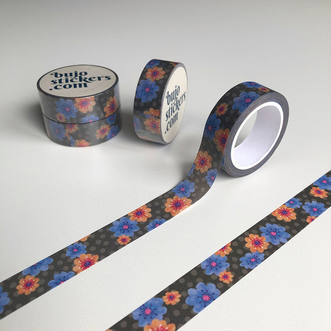 Washi tape 006 • Blue and orange flowers • 15 mm x 10 m