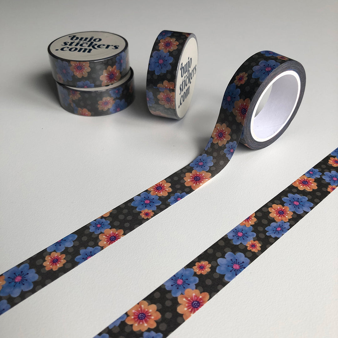Washi tape 006 • Blue and orange flowers • 15 mm x 10 m