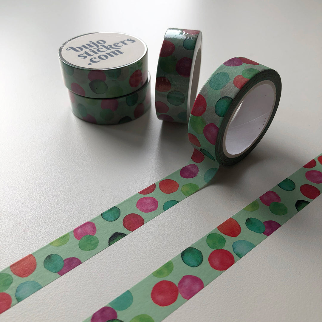 Washi tape 009 • Mixed watercolour dots on mint green • 15 mm x 10 m