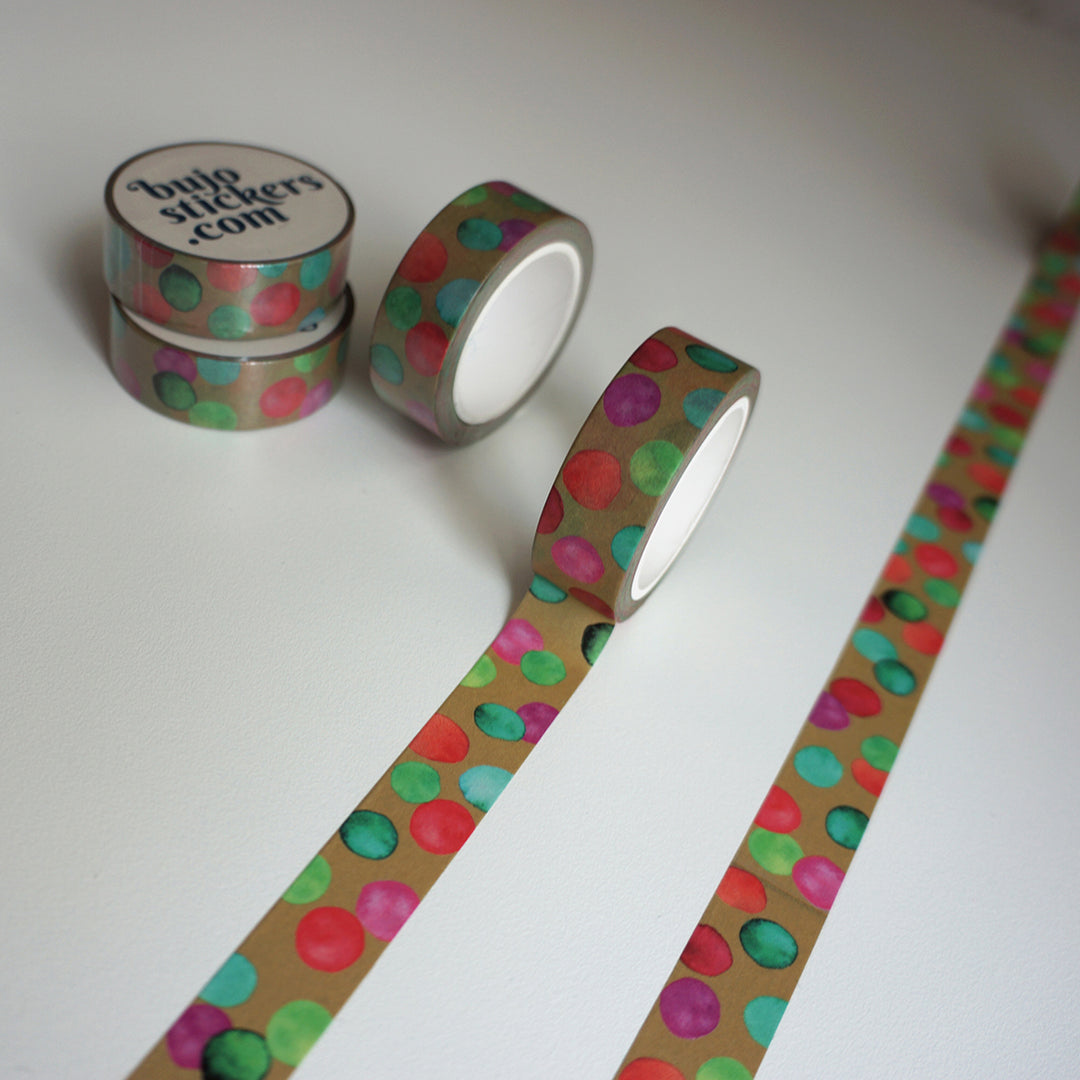 Washi tape 010 • Mixed watercolour dots on golden brown • 15 mm x 10 m