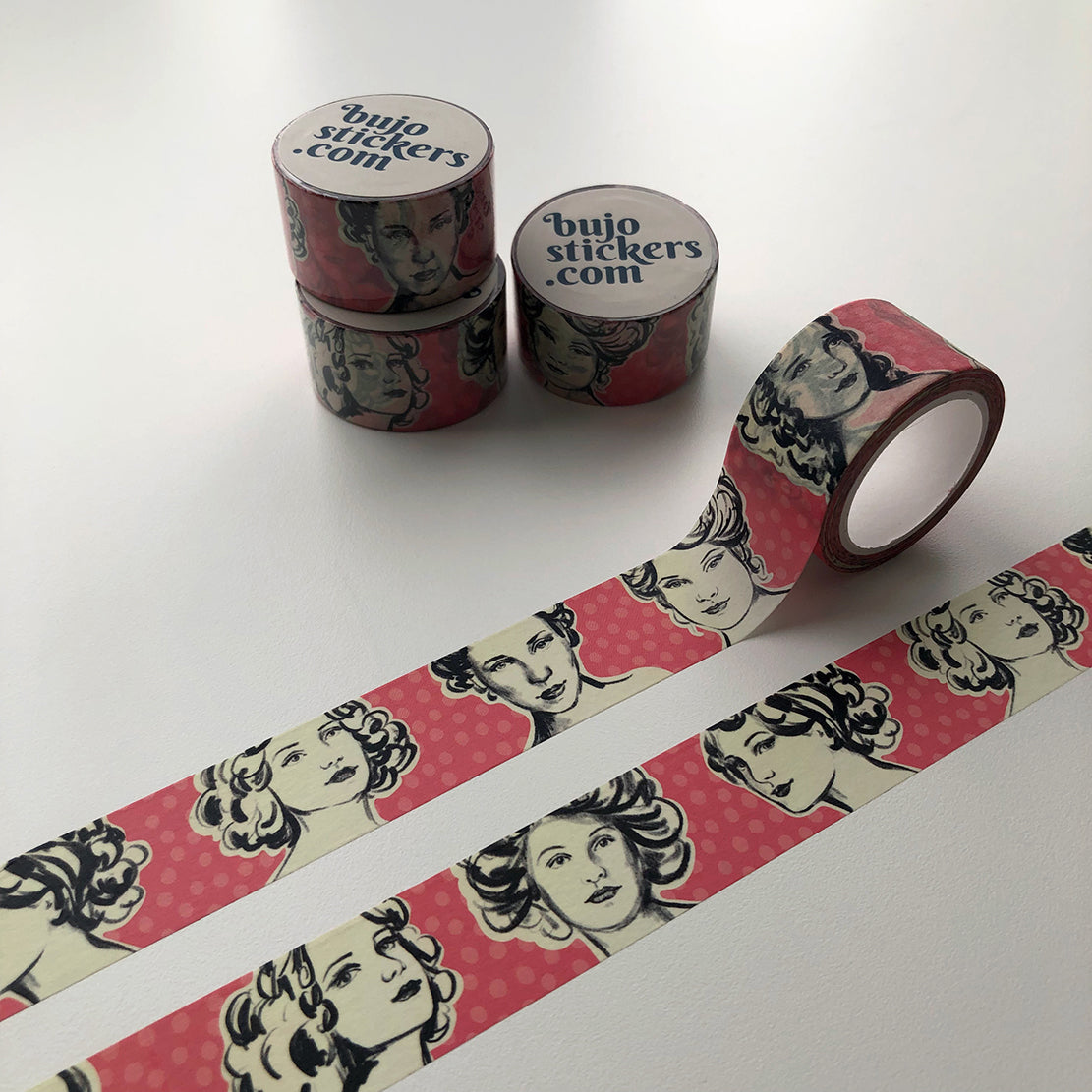 Washi tape 018 • Hand drawn portraits on coral background • 25 mm x 10 m