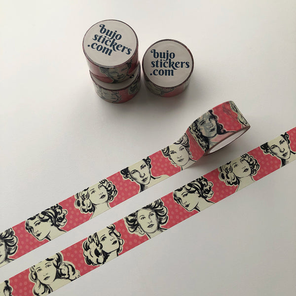 Washi tape 018 • Hand drawn portraits on coral background • 25 mm x 10 m