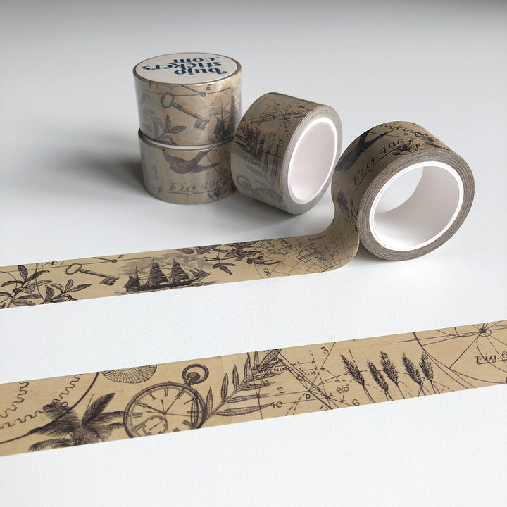 Washi tape 019 • Vintage designs on brown background • 25 mm x 10 m