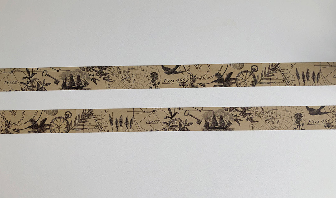 Washi tape 019 • Vintage designs on brown background • 25 mm x 10 m