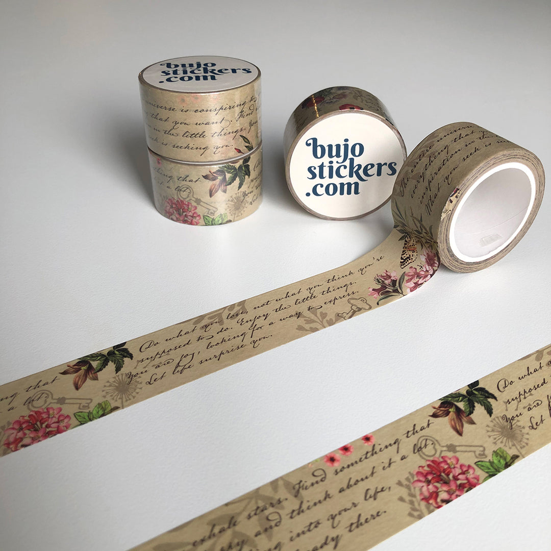 Washi tape 020 • Handwriting and vintage flowers • 25 mm x 10 m