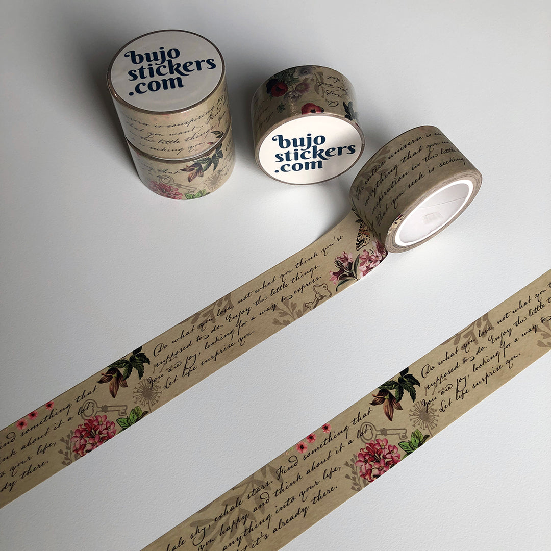 Washi tape 020 • Handwriting and vintage flowers • 25 mm x 10 m