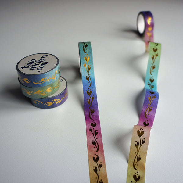 Washi tape 021 • Gold foil on rainbow watercolour background • 15 mm x 10 m