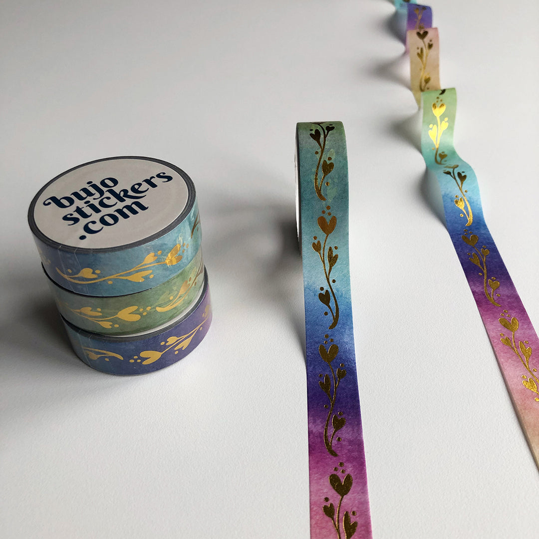 Washi tape 021 • Gold foil on rainbow watercolour background • 15 mm x 10 m