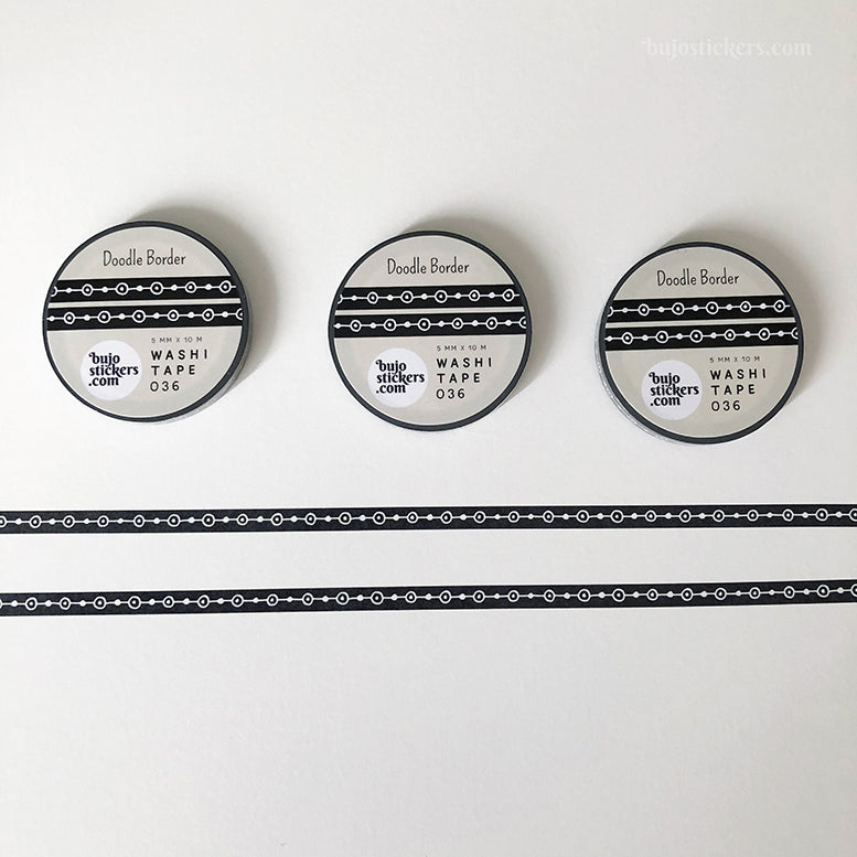 Washi tape 036 • Black tape with white doodle decor •  5 mm x 10 m