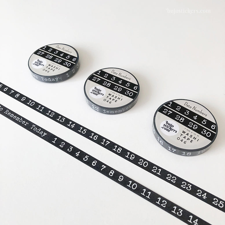 Washi tape 046 • Date numbers 1-31 in Black • 7 mm x 10 m