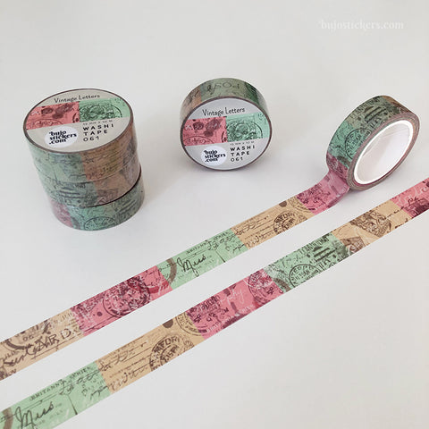 Washi tape 061 • Vintage Letters & Postage in green, pink and beige • 15 mm x 10 m
