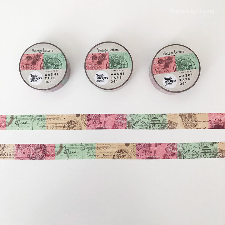 Washi tape 061 • Vintage Letters & Postage in green, pink and beige • 15 mm x 10 m