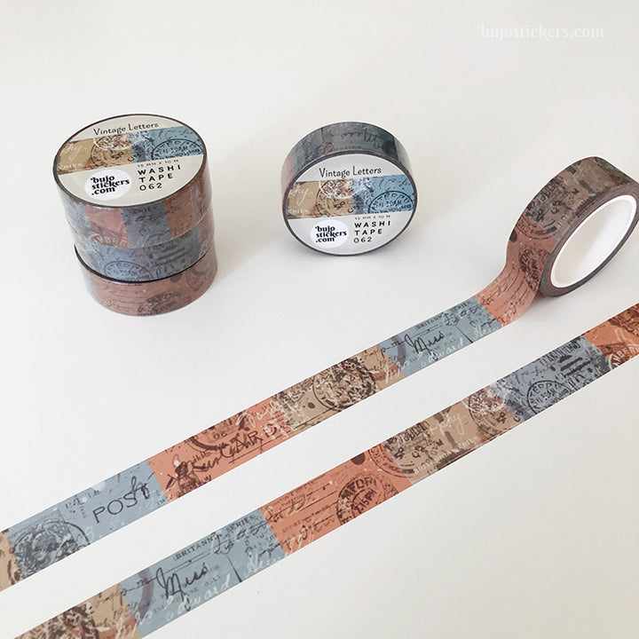 Washi tape 062 • Vintage Letters & Postage in blue, brown and beige • 15 mm x 10 m