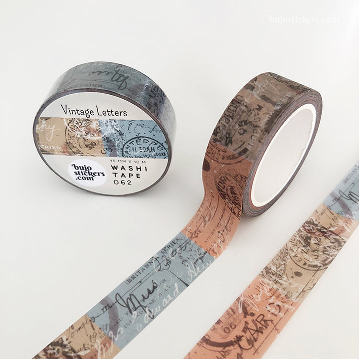 Washi tape 062 • Vintage Letters & Postage in blue, brown and beige • 15 mm x 10 m