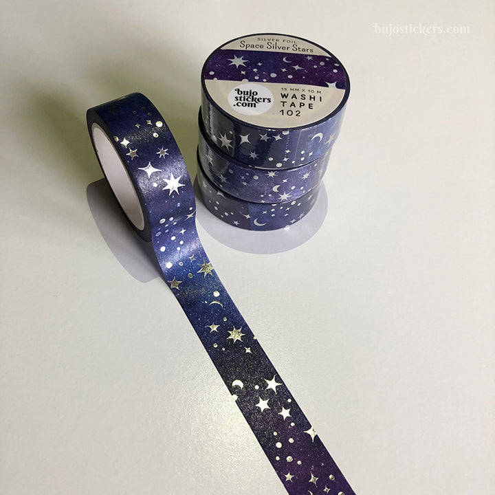 Washi tape 102 • Space Silver Stars • 15 mm x 10 m