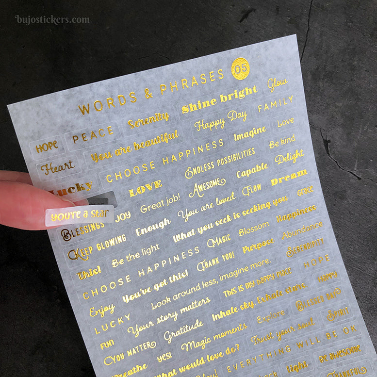 Words & phrases 05 • Gold foiled washi stickers with Quotes